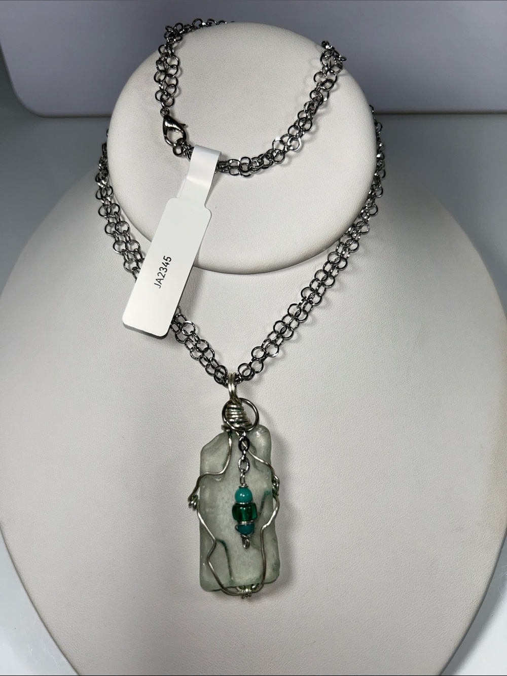 Handmade Stainless Steel Wire Set Green Sea Glass Beaded Dangle Pendant Necklace